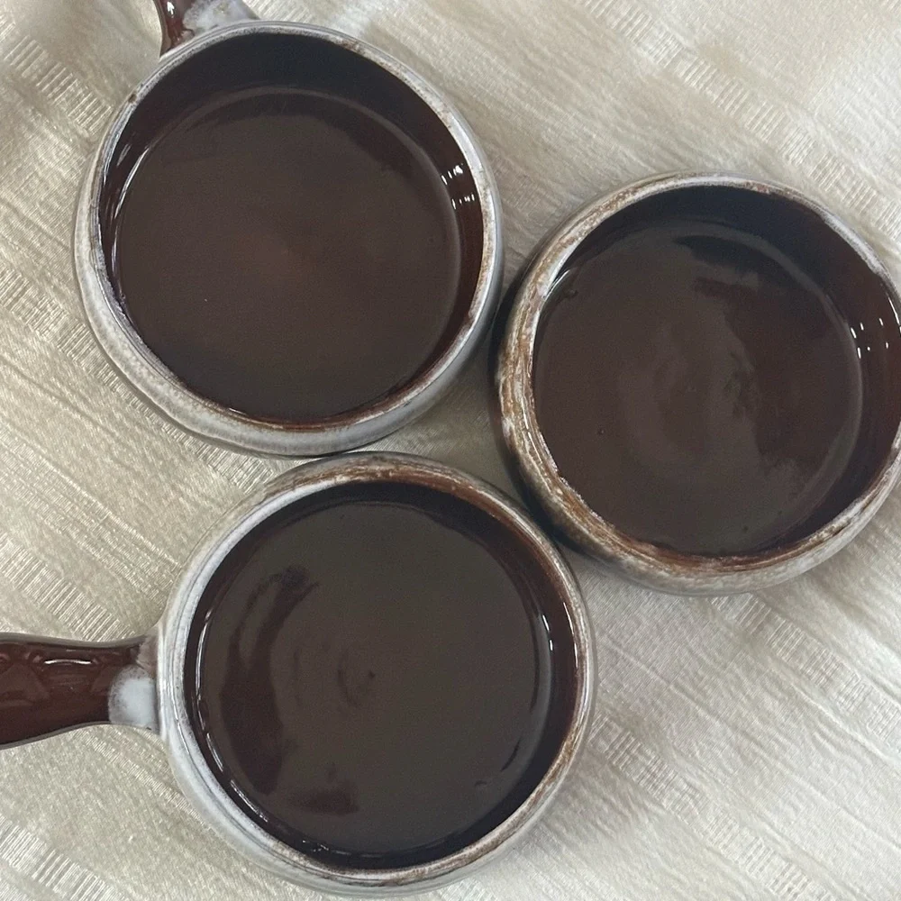Vintage Japan French Onion Soup Bowls Set 3 Brown Drip Glaze Stoneware